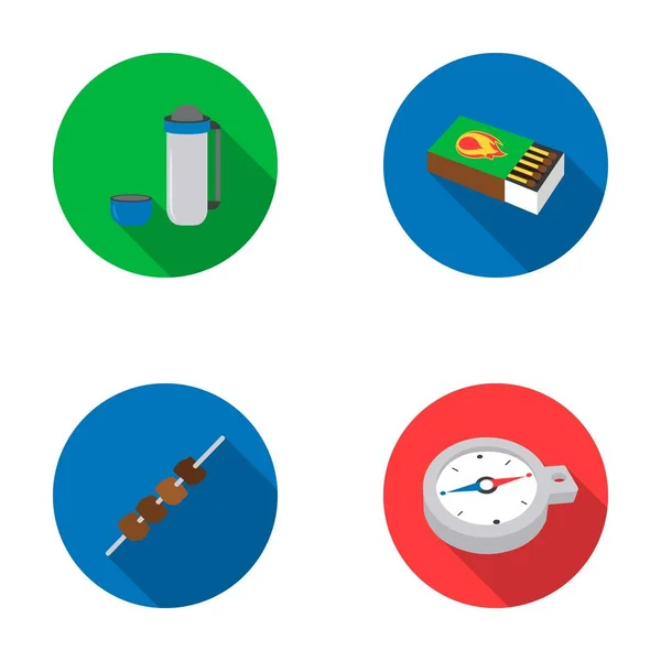 Thermos, matches, compass, shish kebab.Camping set collection icons in flat style vector symbol stock illustration web. — Stock Vector