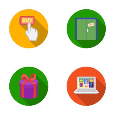 El, tıklayın, Asansör, Hediyelik, kutusu, kapı, online mağaza ve diğer ekipmanlar. E ticaret toplama simgeler düz stil vektör simge stok çizim web içinde ayarla..