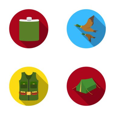 Flask, Jile kartuşları, uçan ördek, çadır. Avcılık toplama simgeler düz stil vektör simge stok çizim web içinde ayarla..