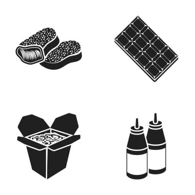 Çikolata, erişte, nuggets, sos. Fast food toplama simgeler siyah stil vektör simge stok çizim web içinde ayarla..