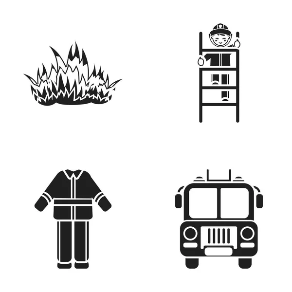 Vlam, brandweerman op de trap, uniform, fire truck. Brandweer instellen collectie iconen in zwarte stijl vector symbool stock illustratie web. — Stockvector