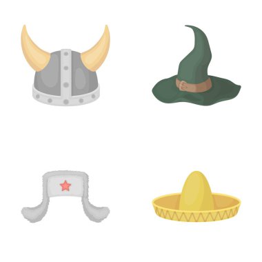 Sombrero şapkasıyla kulak-flep, Viking kask. Şapka toplama simgeler karikatür tarzı vektör simge stok çizim web içinde ayarla..