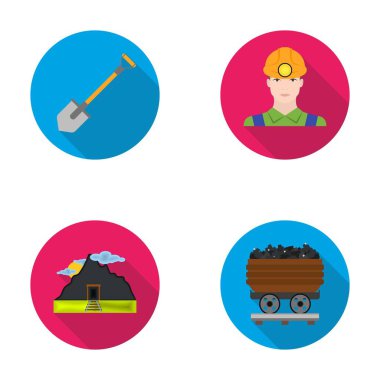 Bir kürek, madenci, bir giriş bir madene, kömür ile bir arabası. Benim toplama simgeler düz stil vektör simge stok çizim web ayarlamak.