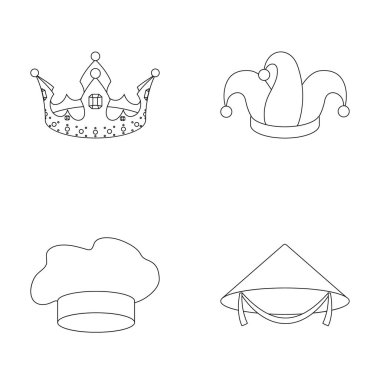 Taç, jesters kapağı, aşçı, koni. Şapka toplama simgeler anahat stili vektör simge stok çizim web içinde ayarla..