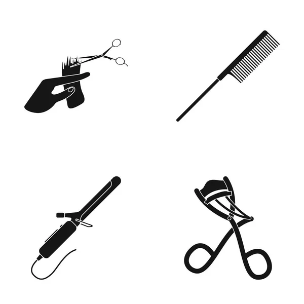 Coupe de cheveux à la main, brosse à cheveux, bigoudis. Ensemble de coiffeur icônes de la collection en noir style vectoriel symbole illustration web . — Image vectorielle