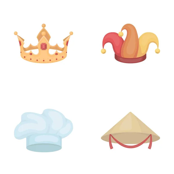 Corona, gorra bufones, cocinero, cono. Sombreros conjunto de iconos de colección en el estilo de dibujos animados vector símbolo stock ilustración web . — Vector de stock