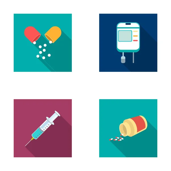 Comprimidos, uma seringa, um recipiente de sangue.Mtdicine conjunto coleção ícones em estilo plano símbolo vetorial estoque ilustração web . —  Vetores de Stock