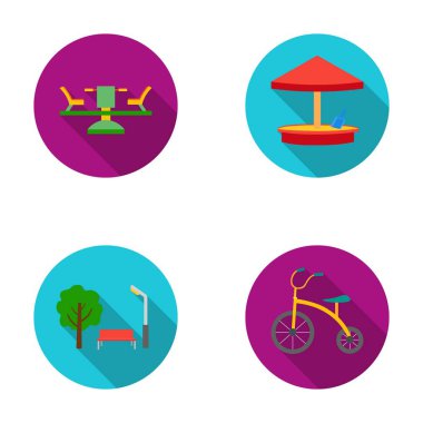 Carousel, kum, park, üç tekerlekli bisiklet. Bahçesi toplama simgeler düz stil vektör simge stok çizim web içinde ayarla..