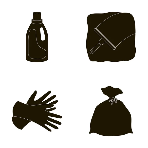 Gel for washing in a pink bottle, yellow gloves for cleaning, a brush for glass, a black bag for garbage or waste. Cleaning set collection icons in black style vector symbol stock illustration web. — Stock Vector