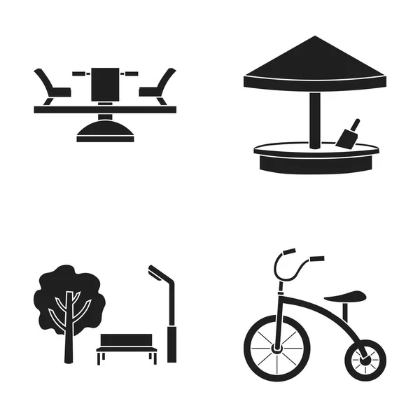 Carrusel, caja de arena, parque, triciclo. Conjunto de juegos de colección iconos en negro estilo vector símbolo stock ilustración web . — Vector de stock