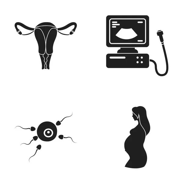 Útero, aparato de ultrasonido, fertilización. Embarazo conjunto colección iconos en negro estilo vector símbolo stock ilustración web . — Vector de stock