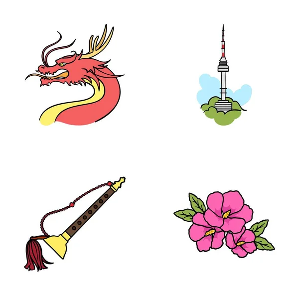 Dragón con bigote, torre de Seúl, instrumento musical nacional, flor de hibisco. Corea del Sur conjunto de iconos de colección en el estilo de dibujos animados vector símbolo stock ilustración web . — Vector de stock