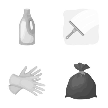 Çamaşır Temizleme, cam için bir fırça, çöp ve atık için siyah bir çanta için pembe şişe, sarı eldiven için jel. Küme toplama simgeler tek renkli stil vektör simge stok çizimde Temizleme