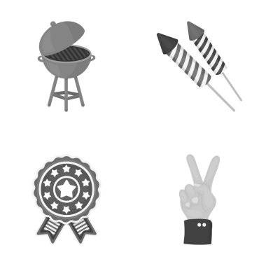 Barbekü, Selam, ebblema, zafer oylama. Vatanseverler günü toplama simgeler tek renkli stil vektör simge stok çizim web içinde ayarlayın..