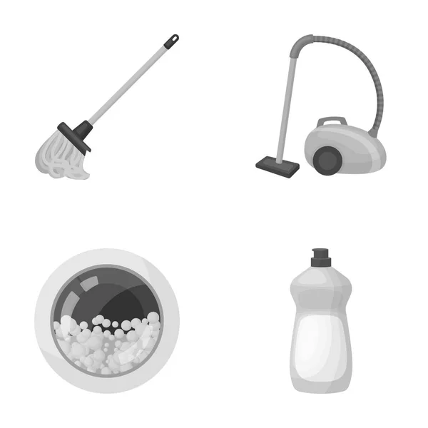 A mop with a handle for washing floors, a green vacuum cleaner, a window of a washing machine with water and foam, a bottle with a cleaning agent. Cleaning set collection icons in monochrome style — Stock Vector