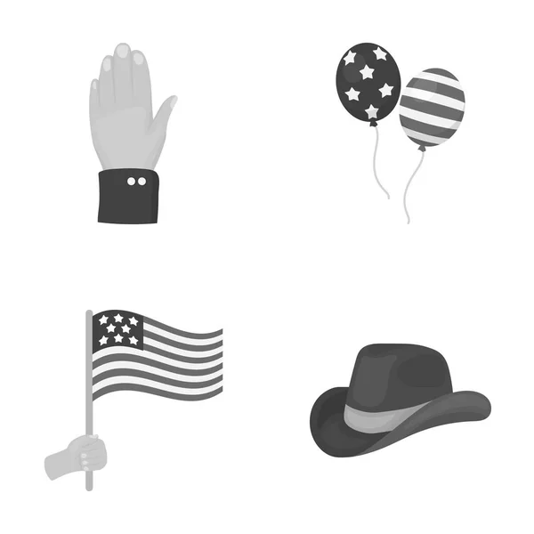 Ballonnen, nationale vlag, cowboyhoed, palm hand. Patriot dag instellen collectie iconen in zwart-wit stijl vector symbool stock illustratie web. — Stockvector