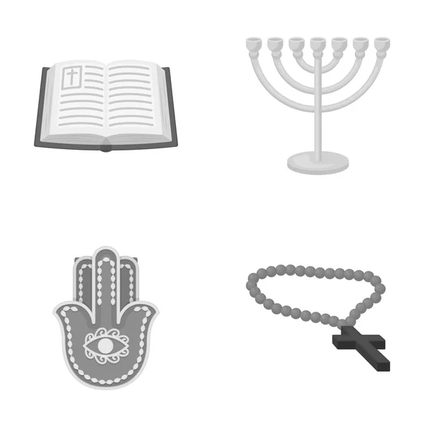 Biblia, menorah, Julianna, ortodox kereszt. Vallás készlet gyűjtemény ikonok-ban fekete-fehér stílus vektor szimbólum stock illusztráció web. — Stock Vector