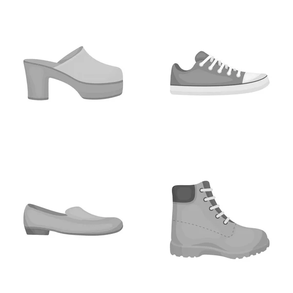 Flip-flops, clogs on a high platform and heel, green sneakers with laces, female gray ballet flats, red shoes on the tractor sole. Shoes set collection icons in monochrome style vector symbol stock — Stock Vector