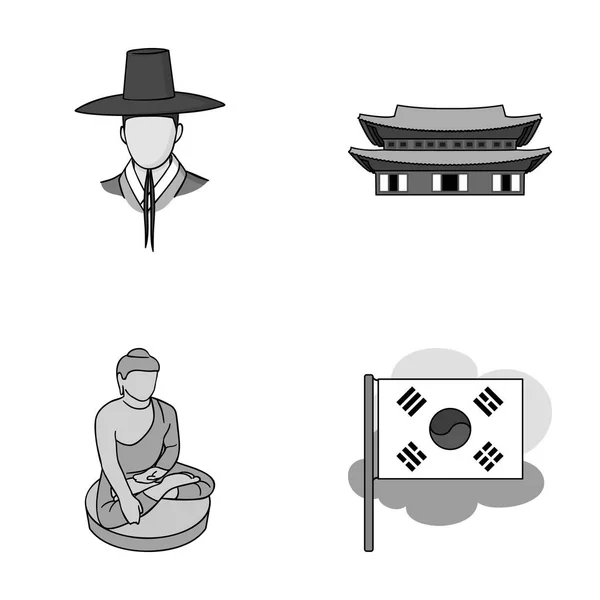 Korejské národní čelenku, korejský klášter, Buddha soška, národní vlajka. Jižní Korea nachází kolekce ikon v monochromatickém stylu vektor symbol akcií ilustrace web. — Stockový vektor