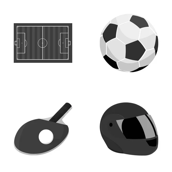 フィールド、サッカー、サッカー ボール、卓球、ゲーム、野球やラグビーのためのグローブを保護するヘルメットのボールとラケットを再生するためのマーキングを持つスタジアム。スポーツは、モノクロでコレクションのアイコンを設定 — ストックベクタ