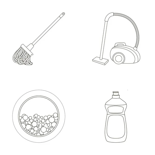 Una fregona con una manija para lavar pisos, una aspiradora verde, una ventana de una lavadora con agua y espuma, una botella con un agente de limpieza. Iconos de colección conjunto de limpieza en el estilo de esquema vector — Vector de stock