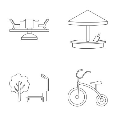 Carousel, kum, park, üç tekerlekli bisiklet. Bahçesi toplama simgeler anahat stili vektör simge stok çizim web içinde ayarla..