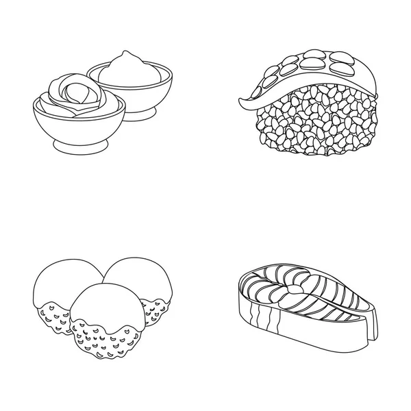 Sauce Wasabi et gingembre, steak de saumon, poulpe. Sushi ensemble icônes de la collection en monochrome style vectoriel symbole illustration web . — Image vectorielle