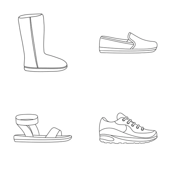 Beige ugg stövlar med päls, bruna loafers med en vit sula, sandaler med ett fästelement, vita och blå sneakers. Skor som samling ikoner i disposition stil vektor symbol stock illustration web. — Stock vektor