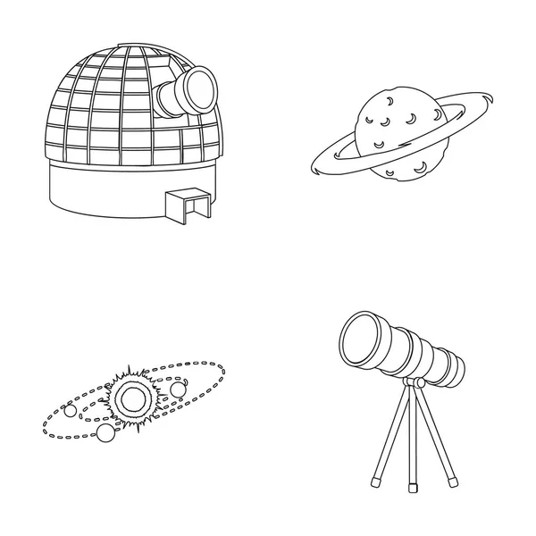 Observatoire avec radiotélescope, planète Mars, Système solaire avec orbites de planètes, télescope sur trépied. Espace ensemble icônes de la collection dans le style contour vectoriel symbole illustration web . — Image vectorielle