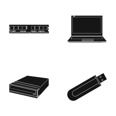 Flash sürücü, dizüstü bilgisayar, bellek oyun kağıdı. Kişisel bilgisayar toplama simgeler siyah stil vektör simge stok çizim web içinde ayarla..