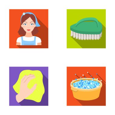 Bir temizlikçi kadın, bir önlük, yeşil bir fırça, bir bez ile bir el, bir mavi el lavabo köpük ile bir ev hanımı. Düz stil vektör simge stok çizim web küme koleksiyon simgeleri Temizleme.