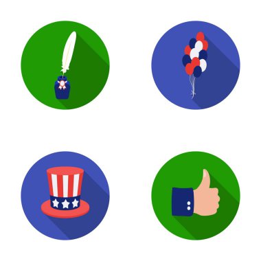 Balonlar, InkWell kalem, Sam Amca'nın s şapka ile. Vatansever s gün toplama simgeler düz stil vektör simge stok çizim web içinde ayarla..