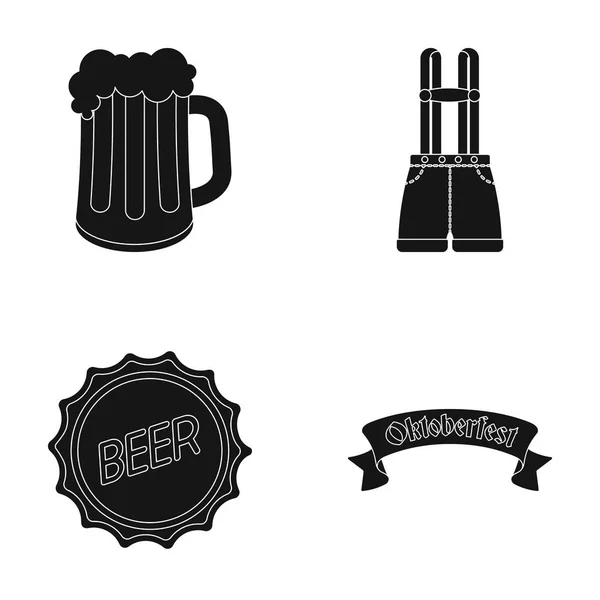Calções com suspensórios, um copo de cerveja, um cartaz, um emblema. Ícones de coleção Oktoberfestset em estilo preto símbolo vetorial ilustração web . — Vetor de Stock