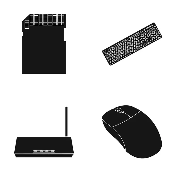Yönlendirici, bilgisayar fare ve diğer aksesuarları. Kişisel bilgisayar toplama simgeler siyah stil vektör simge stok çizim web içinde ayarla.. — Stok Vektör