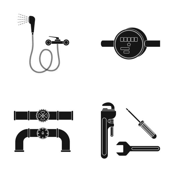 Chuveiro, torneira, medidor de água e outros equipment.Plumbing conjunto coleção ícones em estilo preto símbolo vetorial estoque ilustração web . — Vetor de Stock