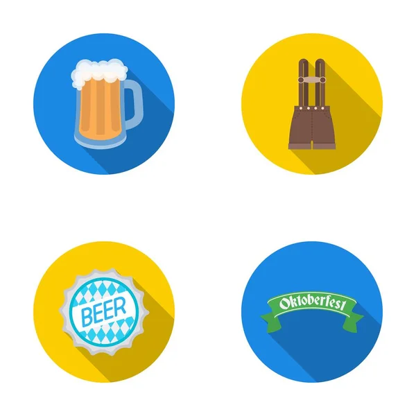 Broek met bretels, een glas bier, een teken, een embleem. Oktoberfestset collectie iconen in vlakke stijl vector symbool stock illustratie web. — Stockvector
