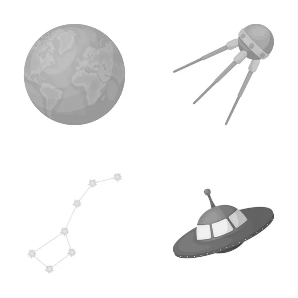 Planète Terre avec continents et océans, satellite volant, Ursa Major, OVNI. Espace ensemble icônes de la collection en monochrome style vectoriel symbole illustration web . — Image vectorielle