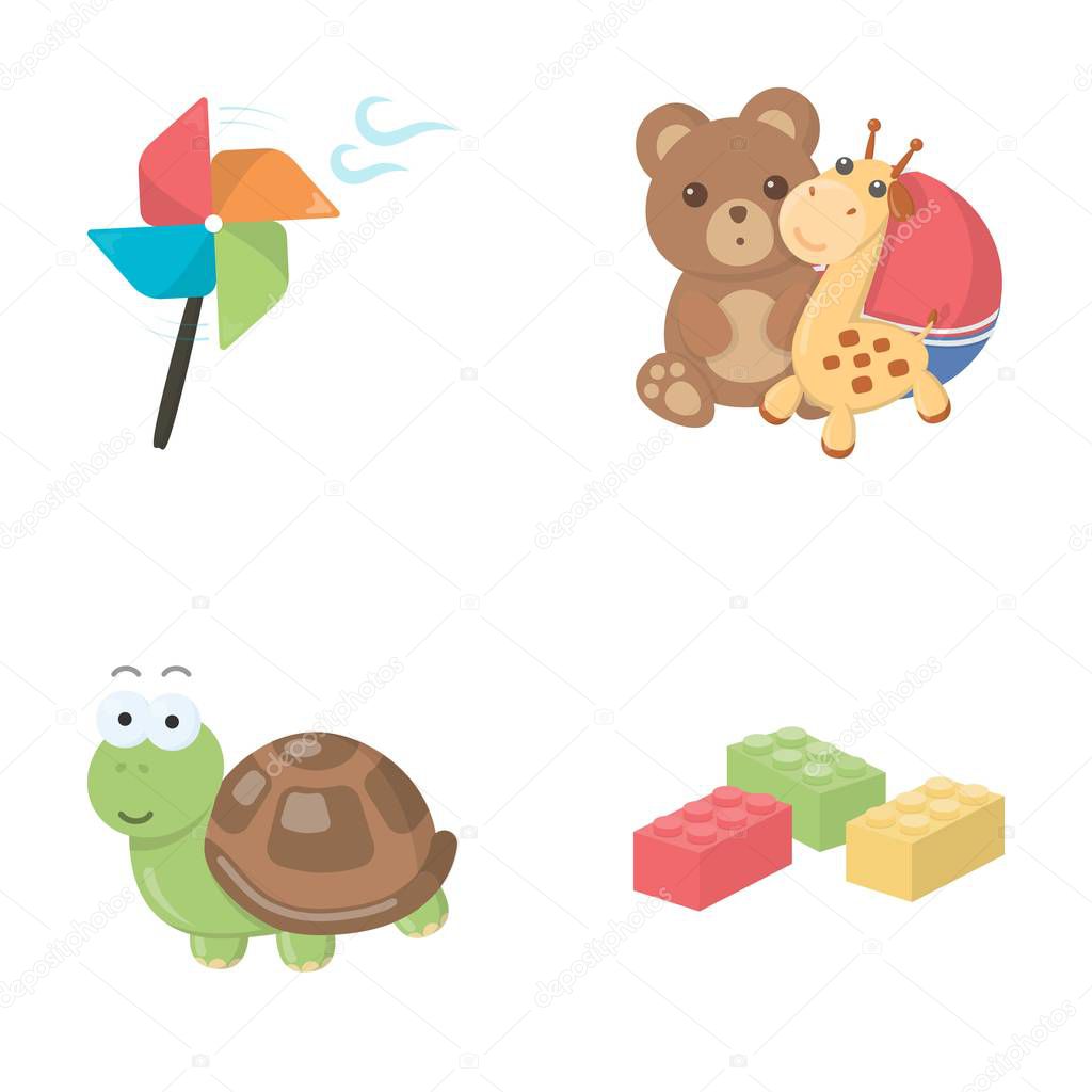 A toy propeller, a teddy bear with a giraffe and a colorful ball, a toy turtle, a lego, a designer for children. Toys set collection icons in cartoon style vector symbol stock illustration .