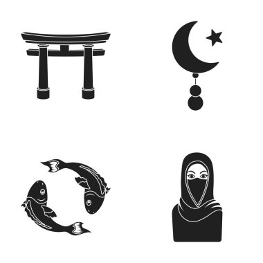 Torii, koi, hijab, yıldız ve hilal kadında sazan. Din toplama simgeler siyah stil vektör simge stok çizim web içinde ayarla..