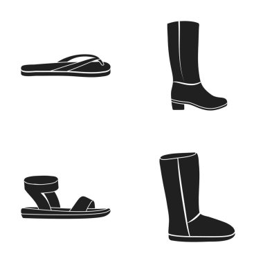 Yaz flip flop dinlenme ya da havuz, toka, kadınlar için sandalet için kürk ile ugg botlar. Ayakkabı toplama simgeler siyah stil vektör simge stok çizim web içinde ayarla..