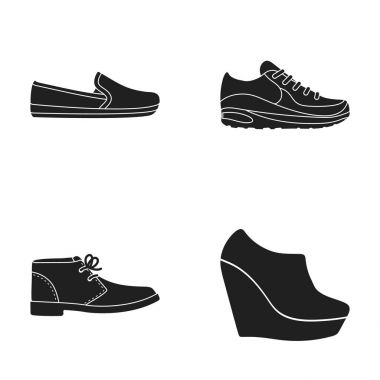 Macadoles sole, spor ayakkabı bağcıklarımı, kıyafetler, erkek s ayakkabıları, kadın s düşük ayakkabı yüksek bir platform üzerinde. Ayakkabı toplama simgeler siyah stil vektör simge stok çizim web içinde ayarla..