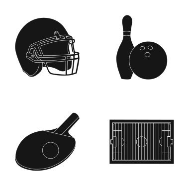 Keglie ve bovling topu, rugby, raket ve top oynamak ping pong, alan, Futbol Stadyumu için koruyucu kask. Spor toplama simgeler siyah stil vektör simge stok çizim web içinde ayarla.