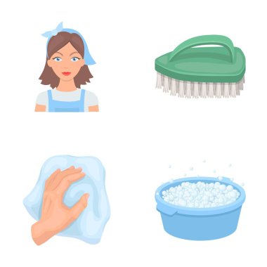 Bir temizlikçi kadın, bir önlük, yeşil bir fırça, bir bez ile bir el, bir mavi el lavabo köpük ile bir ev hanımı. Karikatür tarzı vektör simge stok çizim web küme koleksiyon simgeleri Temizleme.