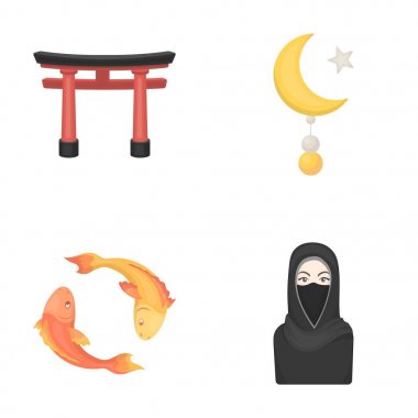Torii, koi, hijab, yıldız ve hilal kadında sazan. Din toplama simgeler karikatür tarzı vektör simge stok çizim web içinde ayarla..