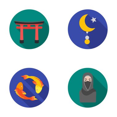 Torii, koi, hijab, yıldız ve hilal kadında sazan. Din toplama simgeler düz stil vektör simge stok çizim web içinde ayarla..