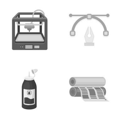 3D printerlere harcama maddeler, gazete yazıcı, mürekkep, kalem. Tipografi toplama simgeler tek renkli stil vektör simge stok çizim web içinde ayarla..