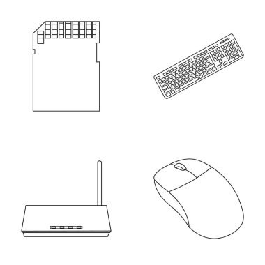 Yönlendirici, bilgisayar fare ve diğer aksesuarları. Kişisel bilgisayar toplama simgeler anahat stili vektör simge stok çizim web içinde ayarla..