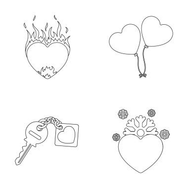 Sıcak kalp, Balonlar, a çekicilik, soğuk bir kalp ile a anahtar. Romantik toplama simgeler anahat stili vektör simge stok çizim web içinde ayarla..