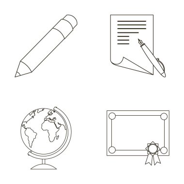 Kırmızı kalem, kağıt mavi bir kolu, bir diploma ile bir mühür, bir küre bir stand ile. Okul toplama simgeler anahat stili vektör simge stok çizim web içinde ayarla..