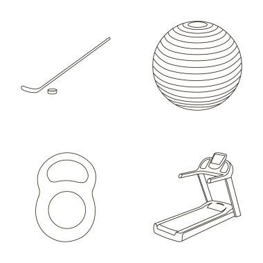 Puck, top, ağırlık, koşu bandı ile Hokey sopası. Spor toplama simgeler anahat stili vektör simge stok çizim web içinde ayarla..